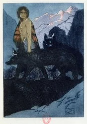モーグリとオオカミ、1930年パリで出版されたRudyard Kipling（1865-1936）による「ジャングルブック」のイラスト